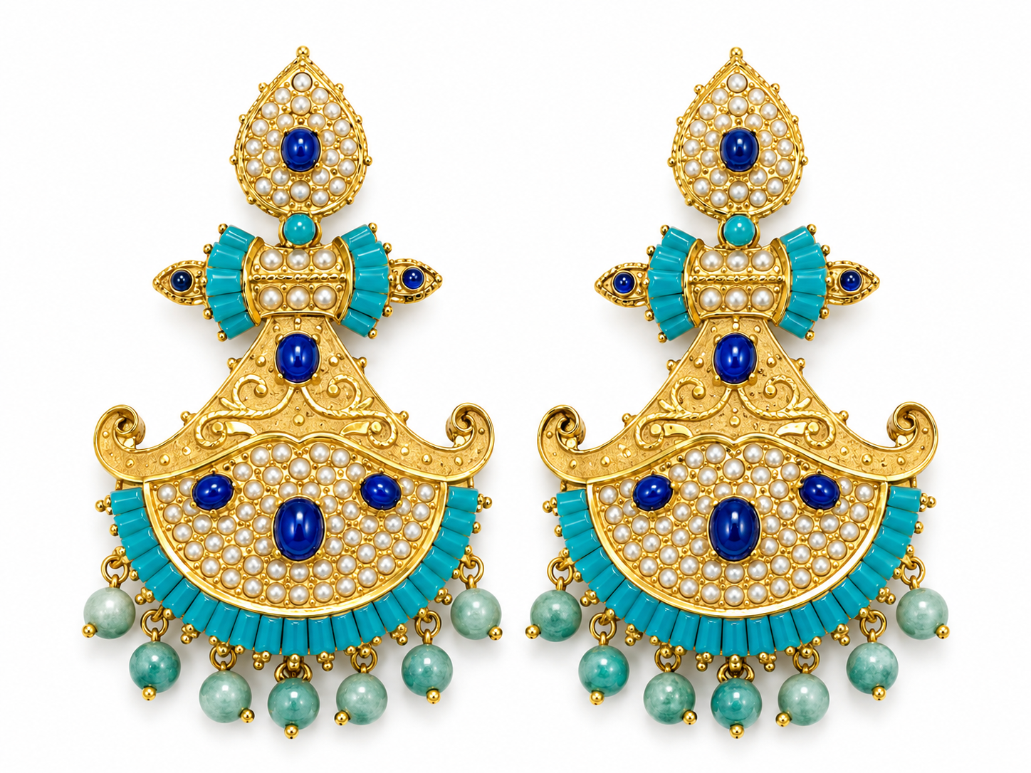 22KT Yellow Gold Turquoise Beaded Gemstone Necklace and Earrings Set