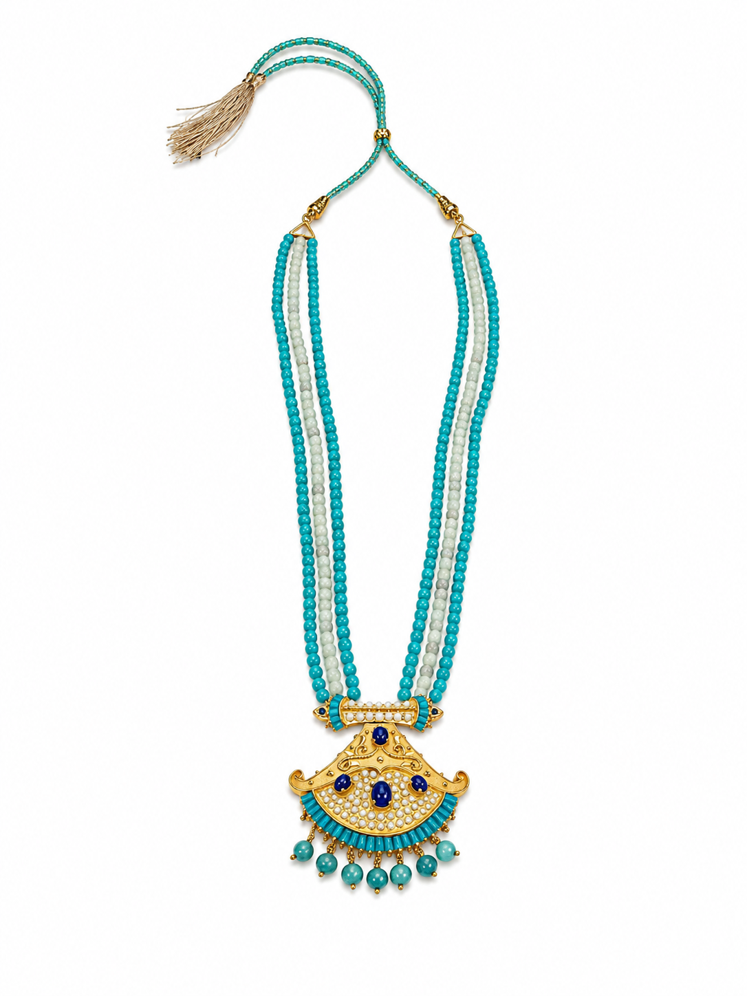 22KT Yellow Gold Turquoise Beaded Gemstone Necklace and Earrings Set