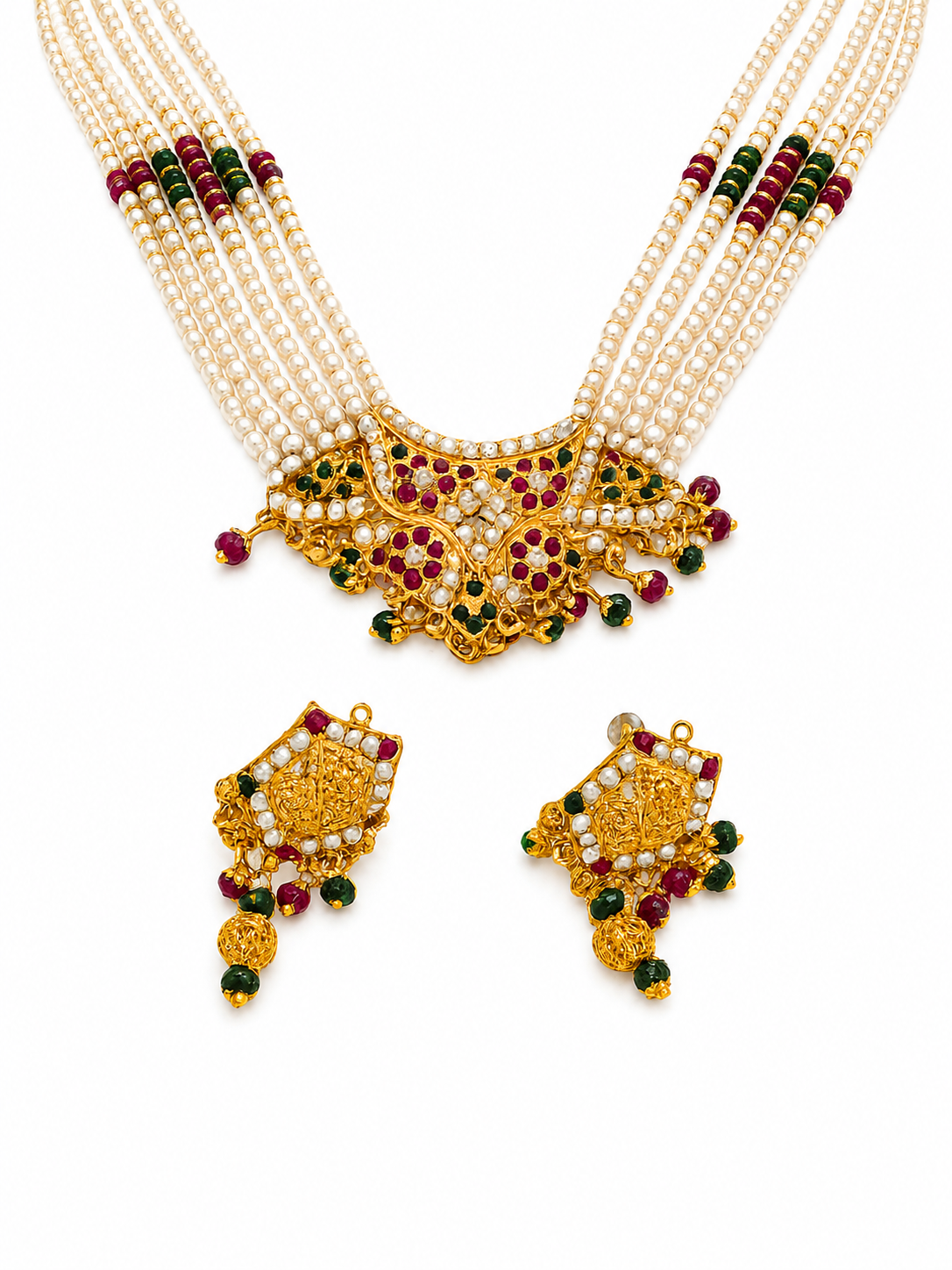 22KT Yellow Gold Multi-Strand Pearl with Ruby and Green Gemstones Necklace and Earrings Set