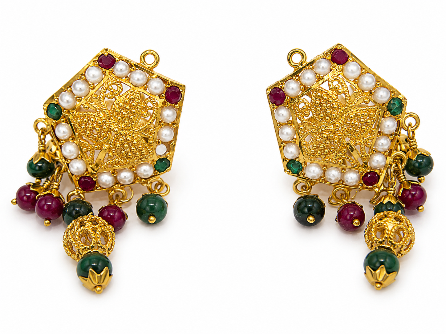 22KT Yellow Gold Multi-Strand Pearl with Ruby and Green Gemstones Necklace and Earrings Set