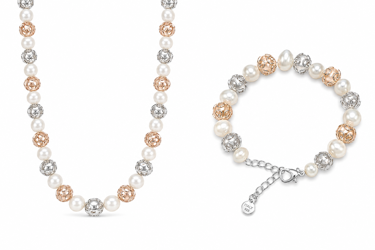 Stainless Steel Wrapped Pearl Necklace & Bracelet Set