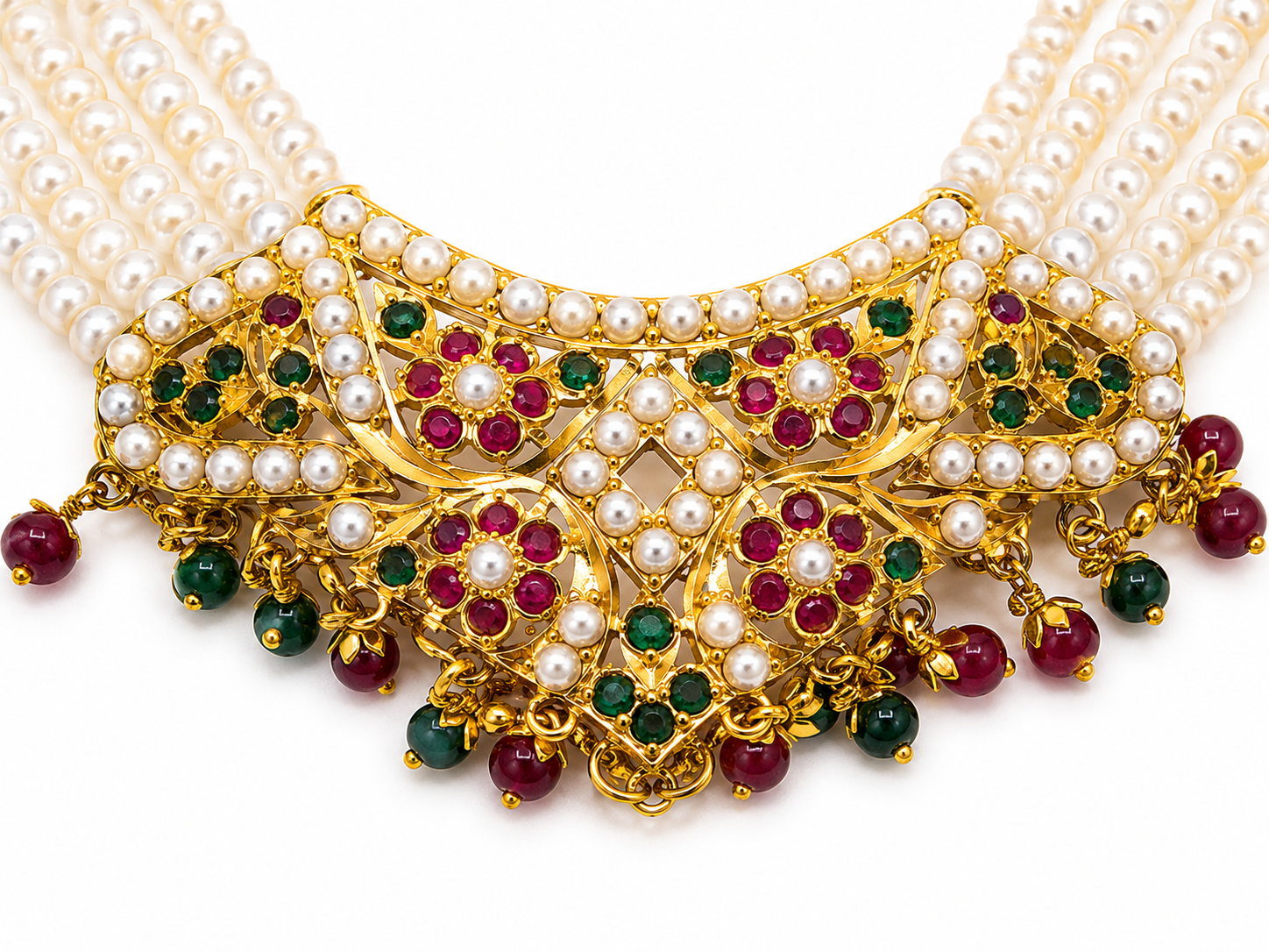 22KT Yellow Gold Multi-Strand Pearl with Ruby and Green Gemstones Necklace and Earrings Set