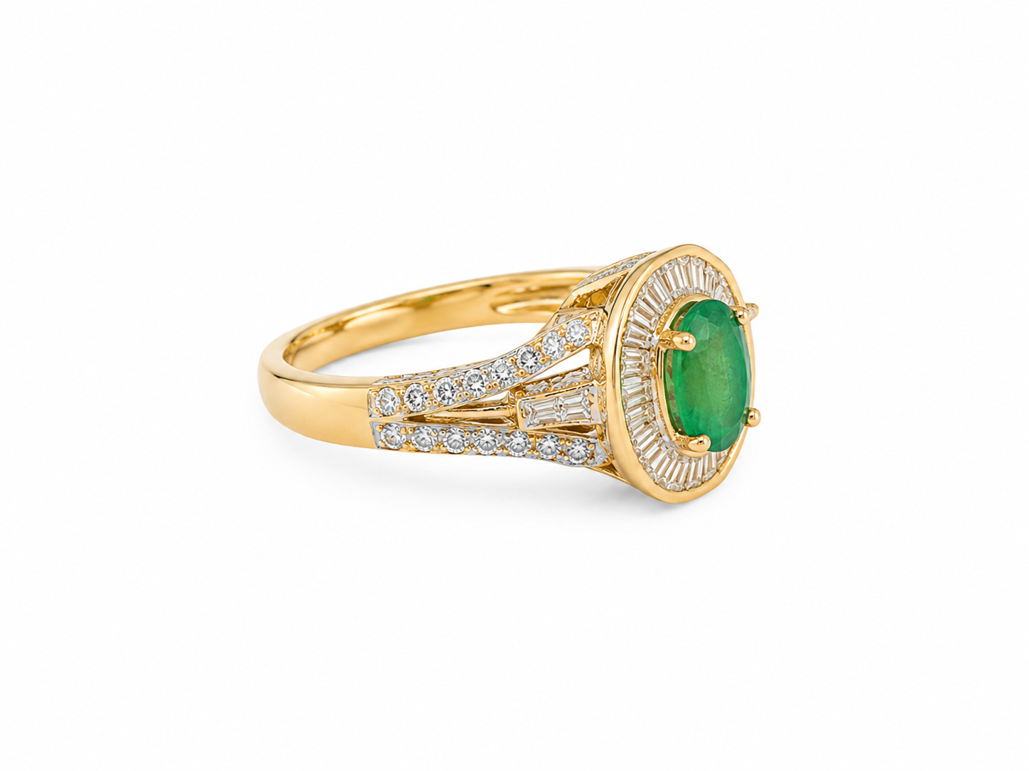 14KT Yellow Gold 1.10 CTW 0.82 STW Emerald Diamond Ring [K45H]