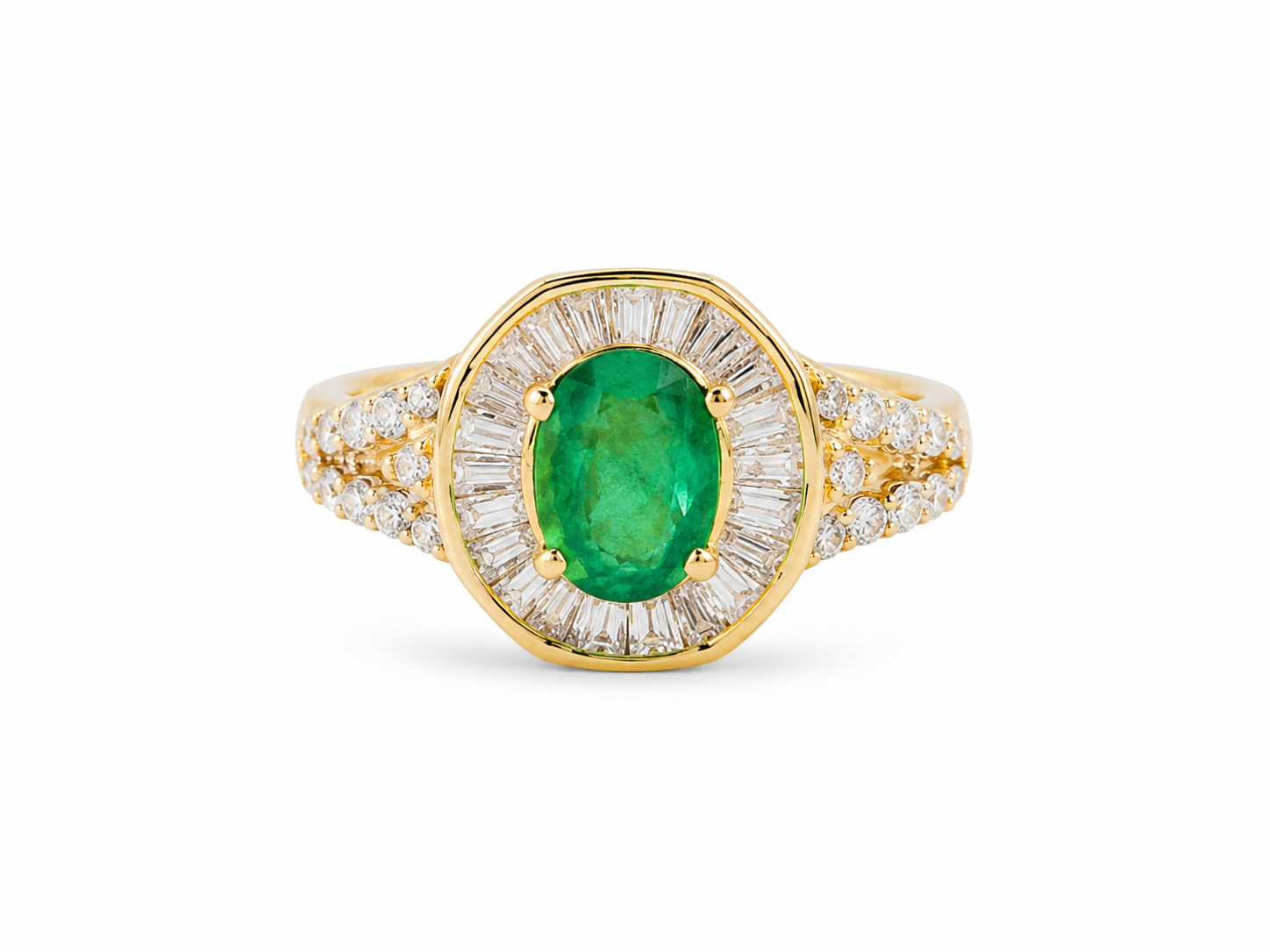 14KT Yellow Gold 1.10 CTW 0.82 STW Emerald Diamond Ring [K45H]