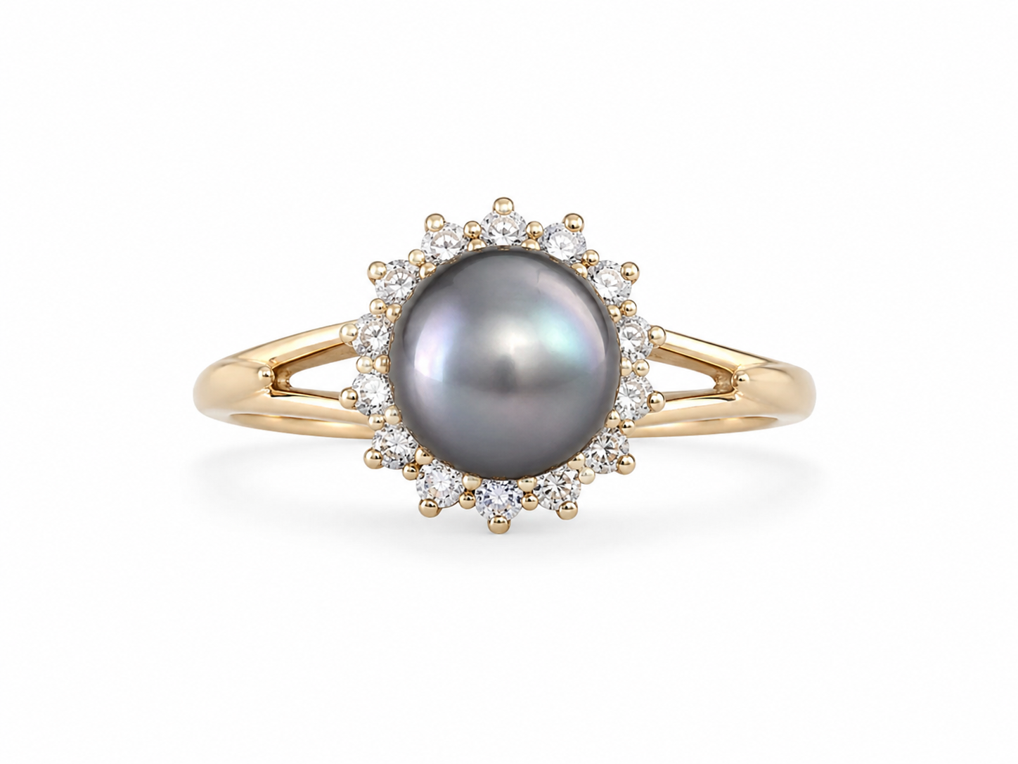14KT Yellow Gold 0.10 CTW 7MM Gray Pearl Diamond Ring [K7H50]