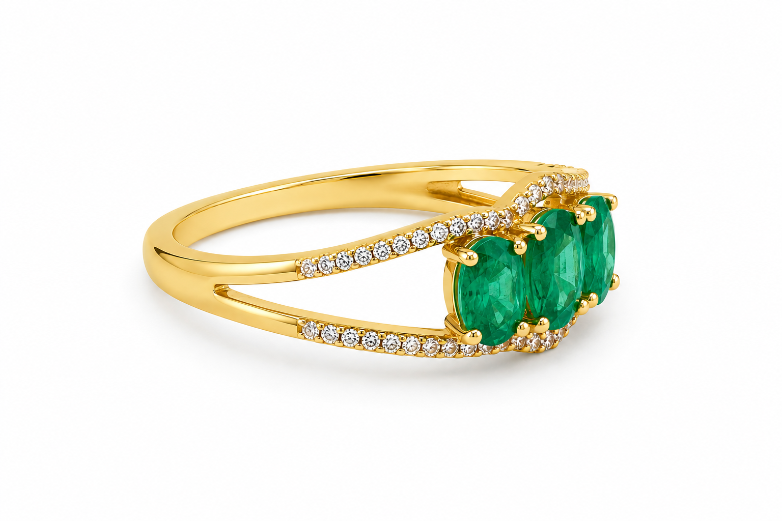 10KT Yellow Gold 0.15 CTW 0.75 STW Emerald Diamond Ring [K15H]