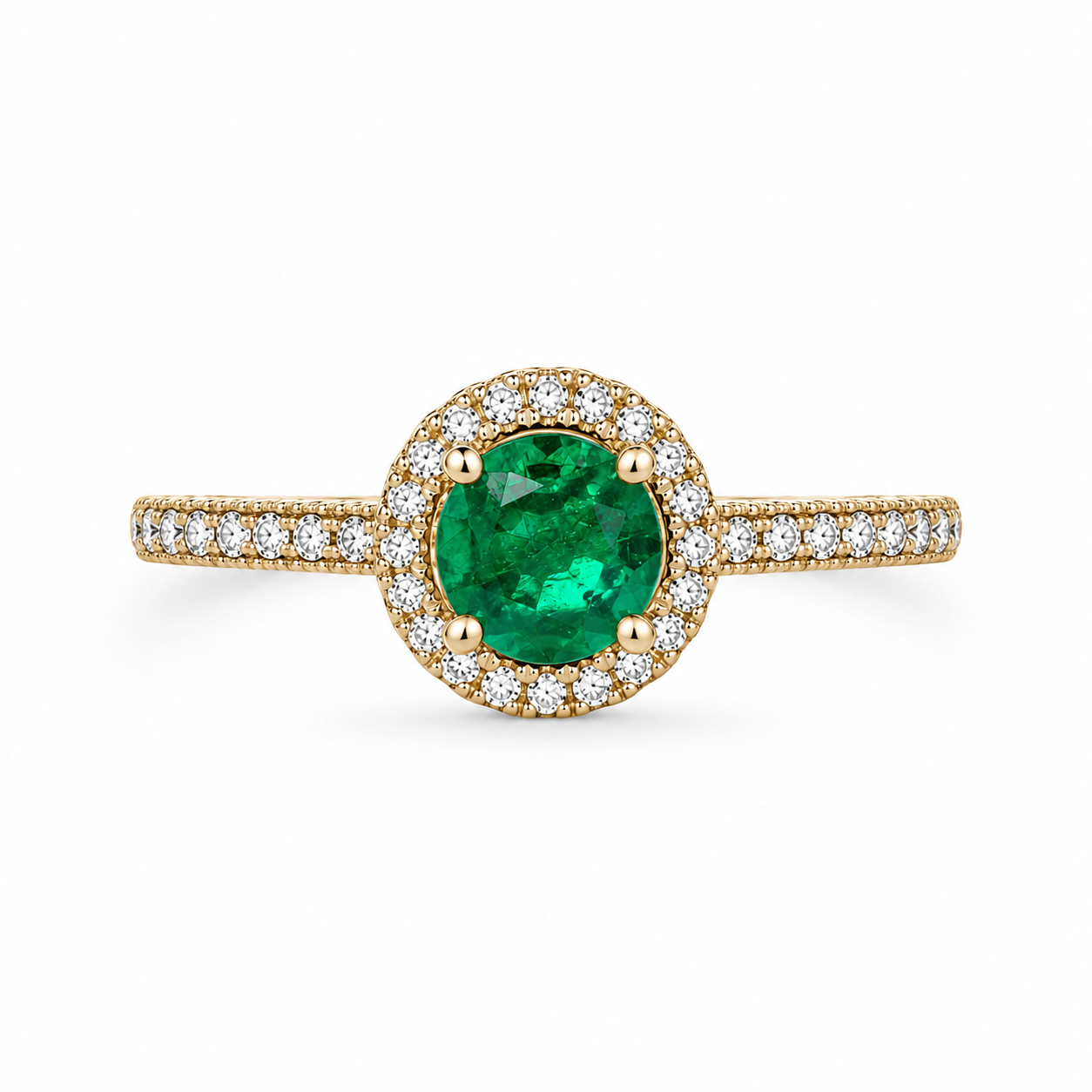 10KT Yellow Gold 0.15 CTW 0.80 STW Emerald Diamond Ring [K14H]
