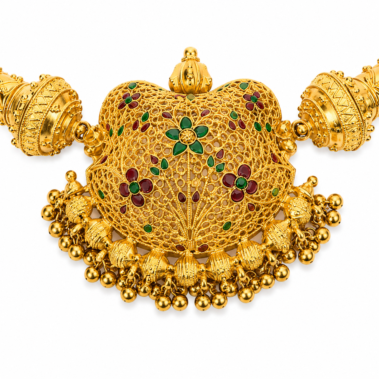 22KT Yellow Gold Temple Style Gemstone Kanti Collar Necklace
