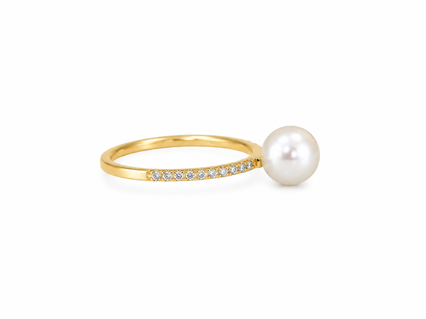 18KT Yellow Gold 7.5MM Akoya Pearl And Crystal Ring [K8H50]