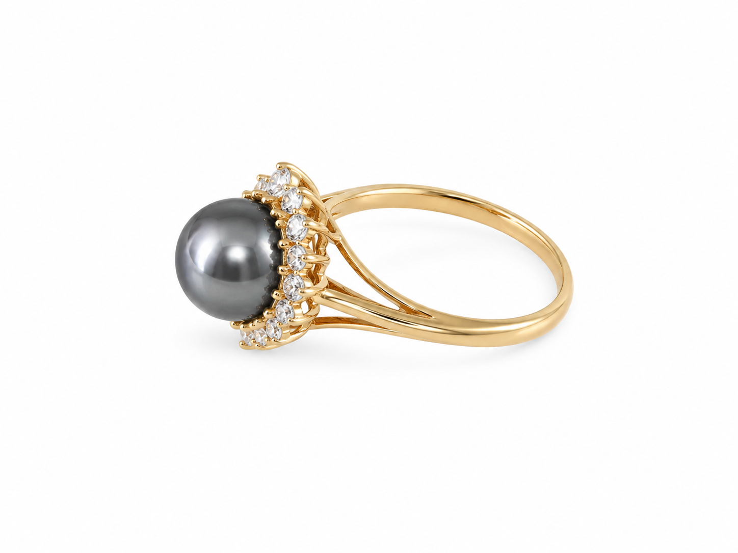 14KT Yellow Gold 0.10 CTW 7MM Gray Pearl Diamond Ring [K7H50]