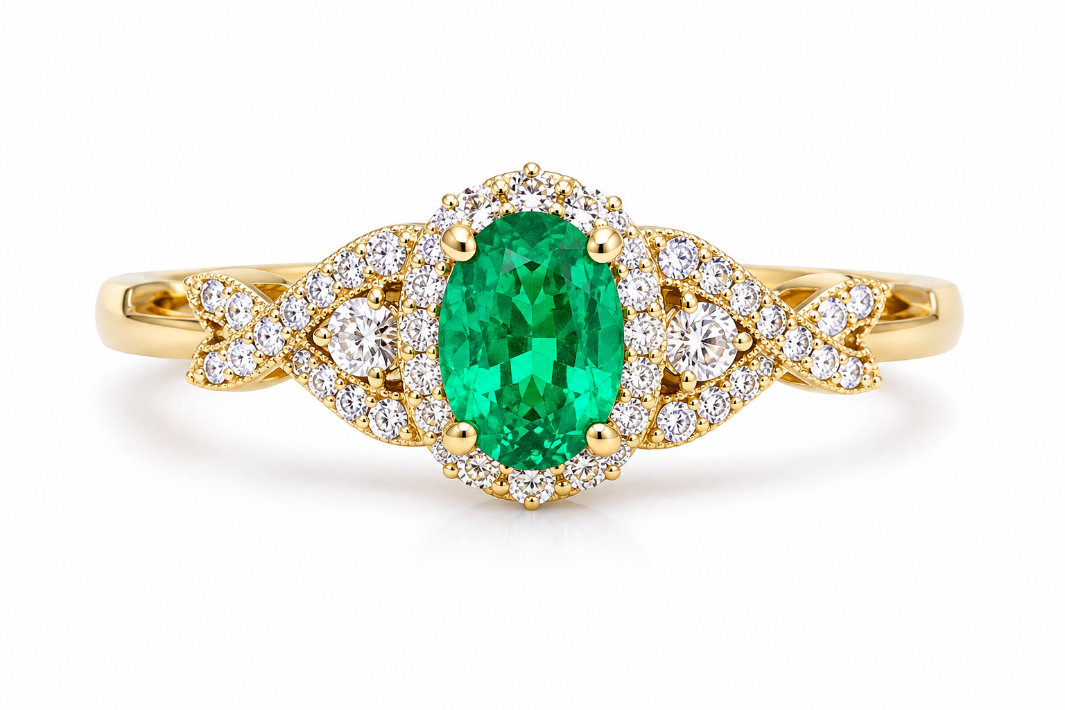 14KT Yellow Gold 0.64 CTW 0.66 STW Emerald Diamond Ring [K3T]