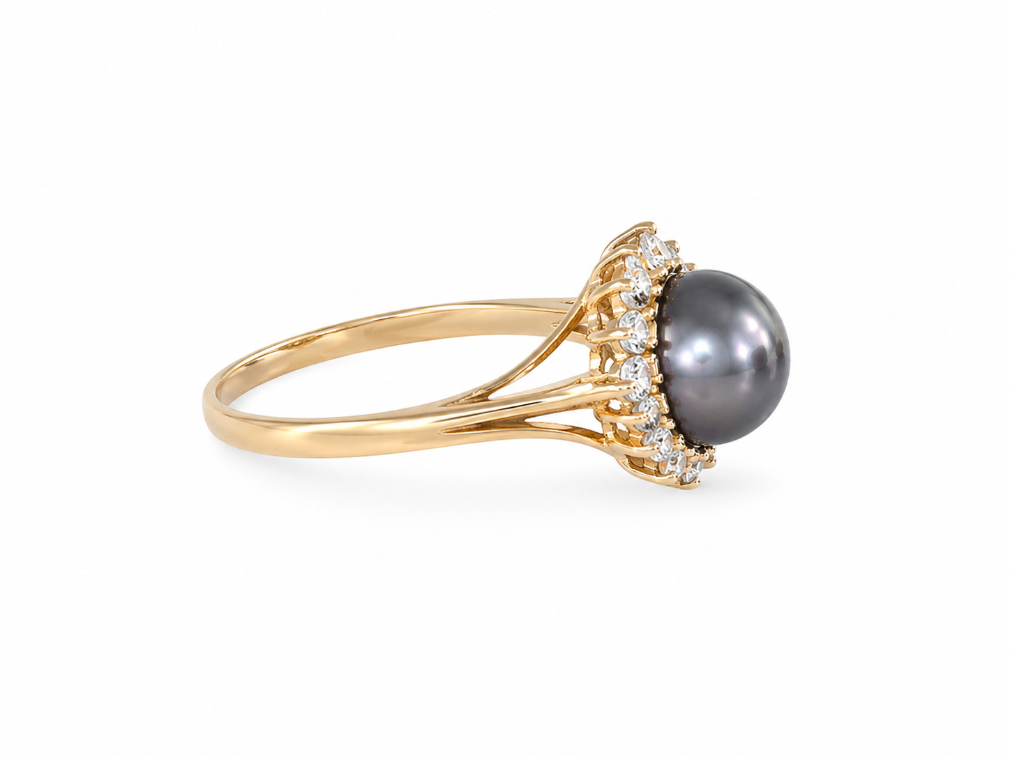 14KT Yellow Gold 0.10 CTW 7MM Gray Pearl Diamond Ring [K7H50]