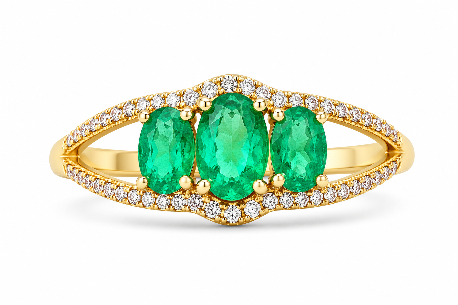 10KT Yellow Gold 0.15 CTW 0.75 STW Emerald Diamond Ring [K15H]