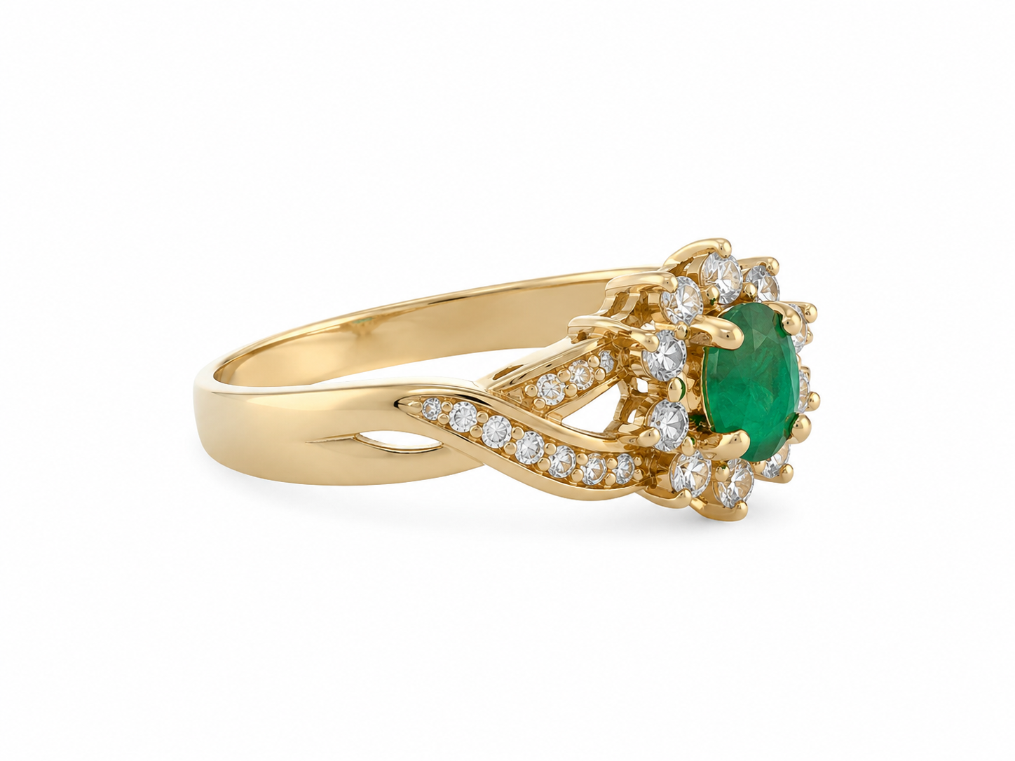 14KT Yellow Gold 0.22 CTW 0.30 STW Emerald Diamond Ring [K2T]