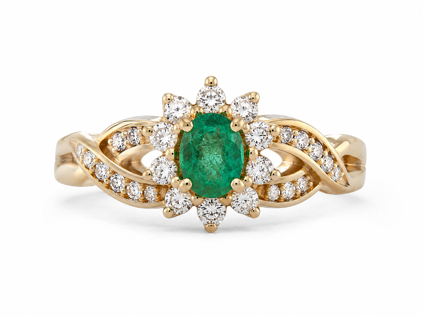 14KT Yellow Gold 0.22 CTW 0.30 STW Emerald Diamond Ring [K2T]