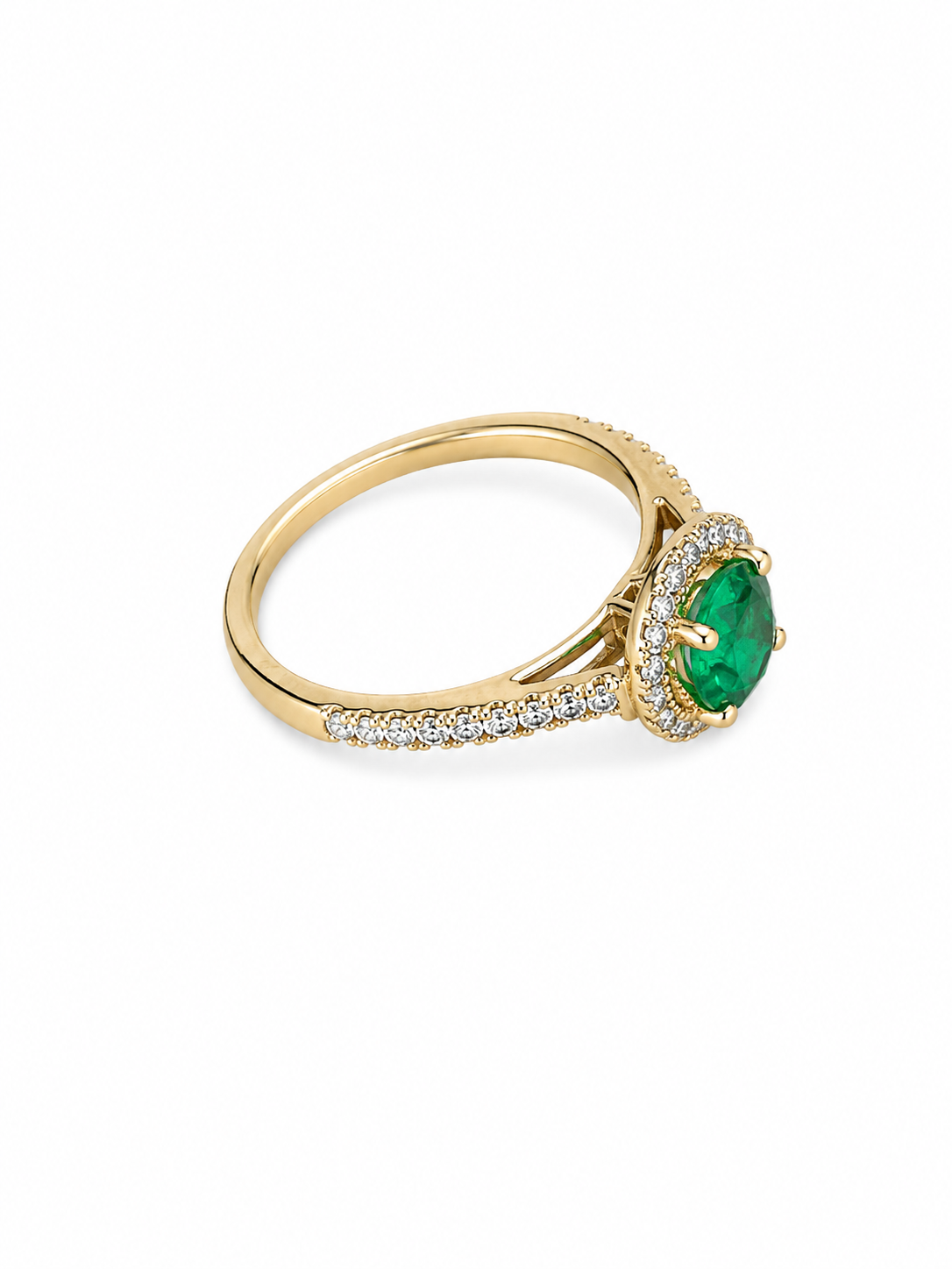 10KT Yellow Gold 0.15 CTW 0.80 STW Emerald Diamond Ring [K14H]