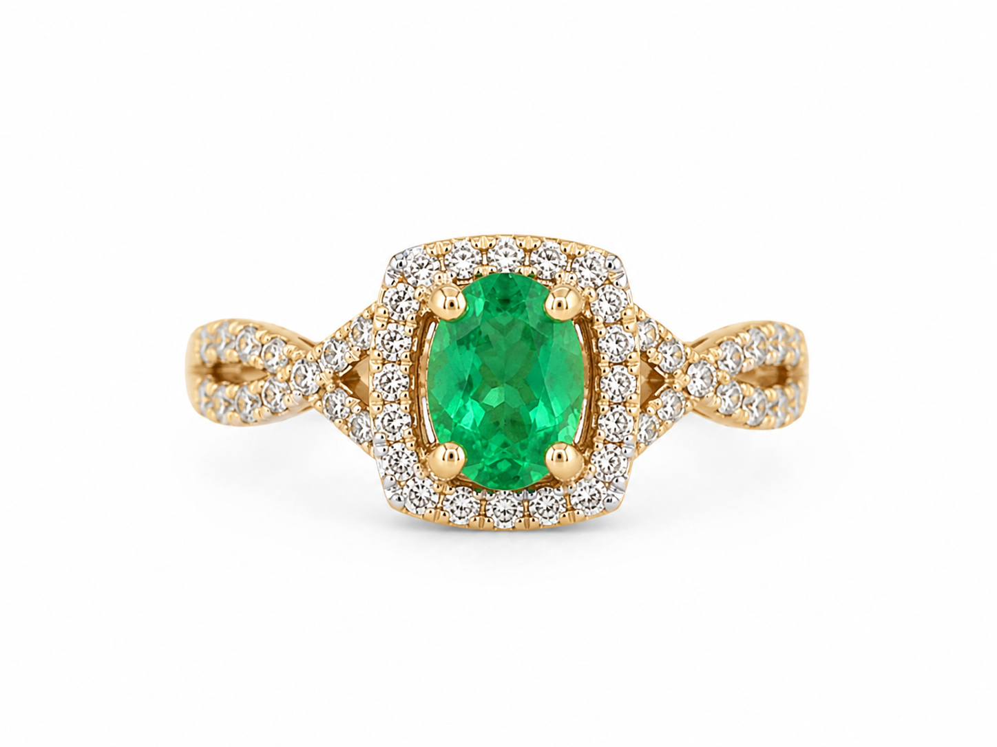 10KT Yellow Gold 0.20 CTW 0.35 STW Emerald Diamond Ring [K13H]