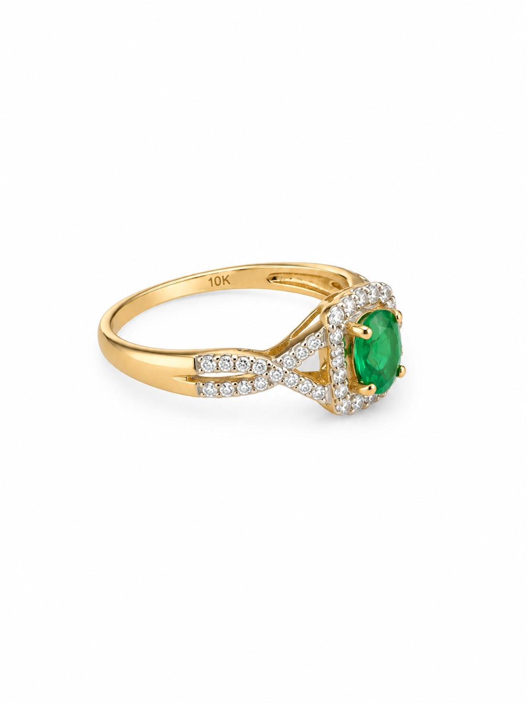 10KT Yellow Gold 0.20 CTW 0.35 STW Emerald Diamond Ring [K13H]