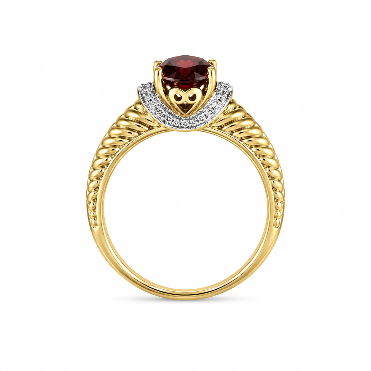 10KT Yellow Gold 0.10 CTW 1.00 STW Garnet Diamond Ring [K15H]