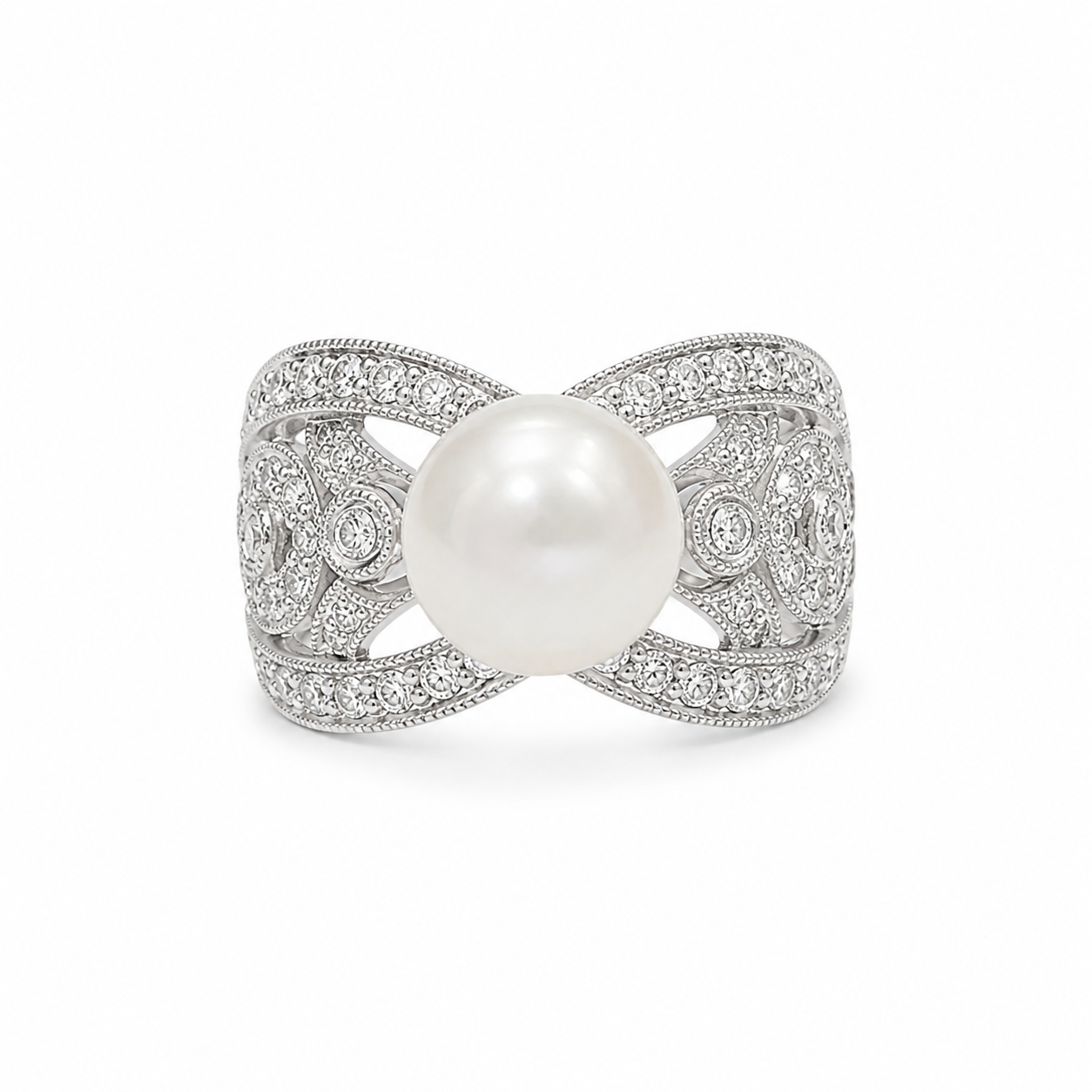 14KT White Gold 0.33 CTW 8MM Pearl Diamond Ring [K24H]