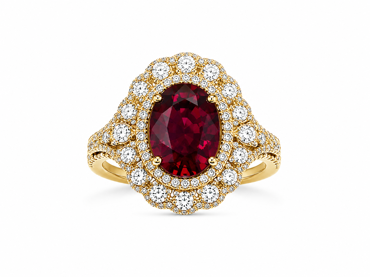 14KT Yellow Gold 1.50 CTW 3.25 STW Rhodolite Garnet Diamond Ring [K9T]