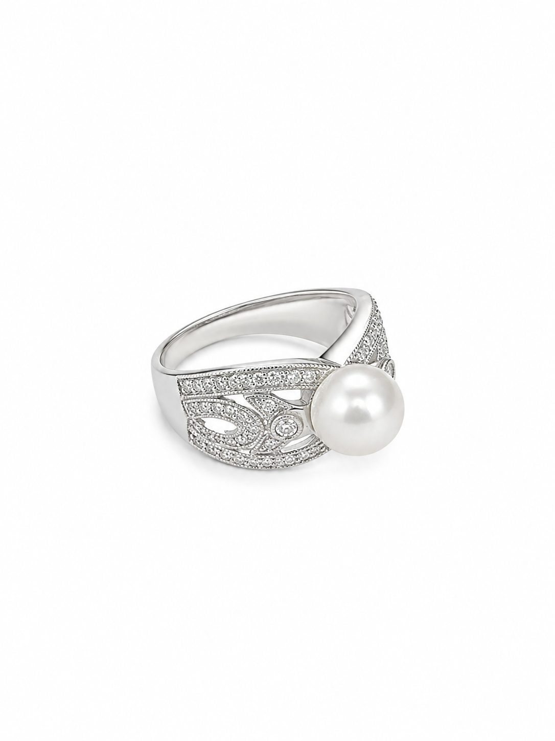 14KT White Gold 0.33 CTW 8MM Pearl Diamond Ring [K24H]