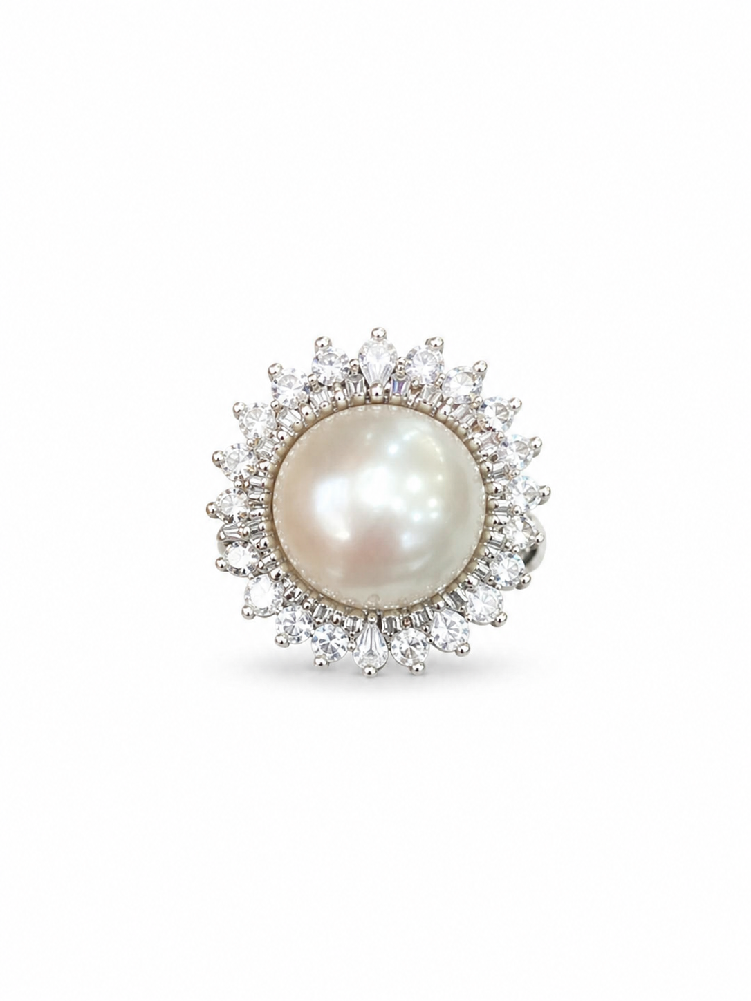925 Sterling Silver 10MM Pearl And Crystal Ring [K2H50]