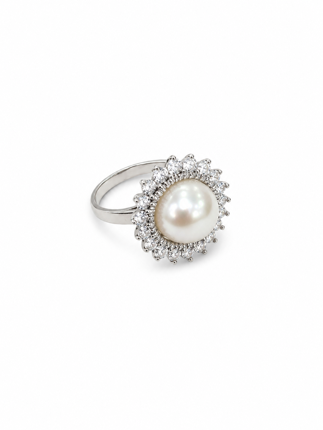 925 Sterling Silver 10MM Pearl And Crystal Ring [K2H50]