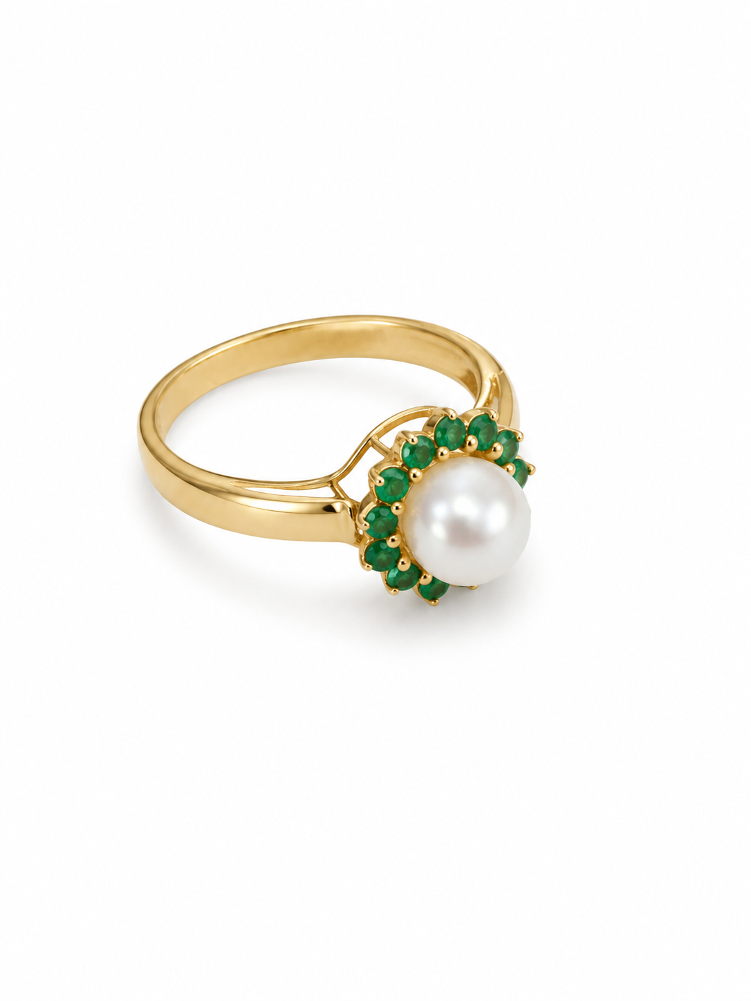 14KT Yellow Gold 0.20 STW 6.5MM Emerald Pearl Ring [K9H50]