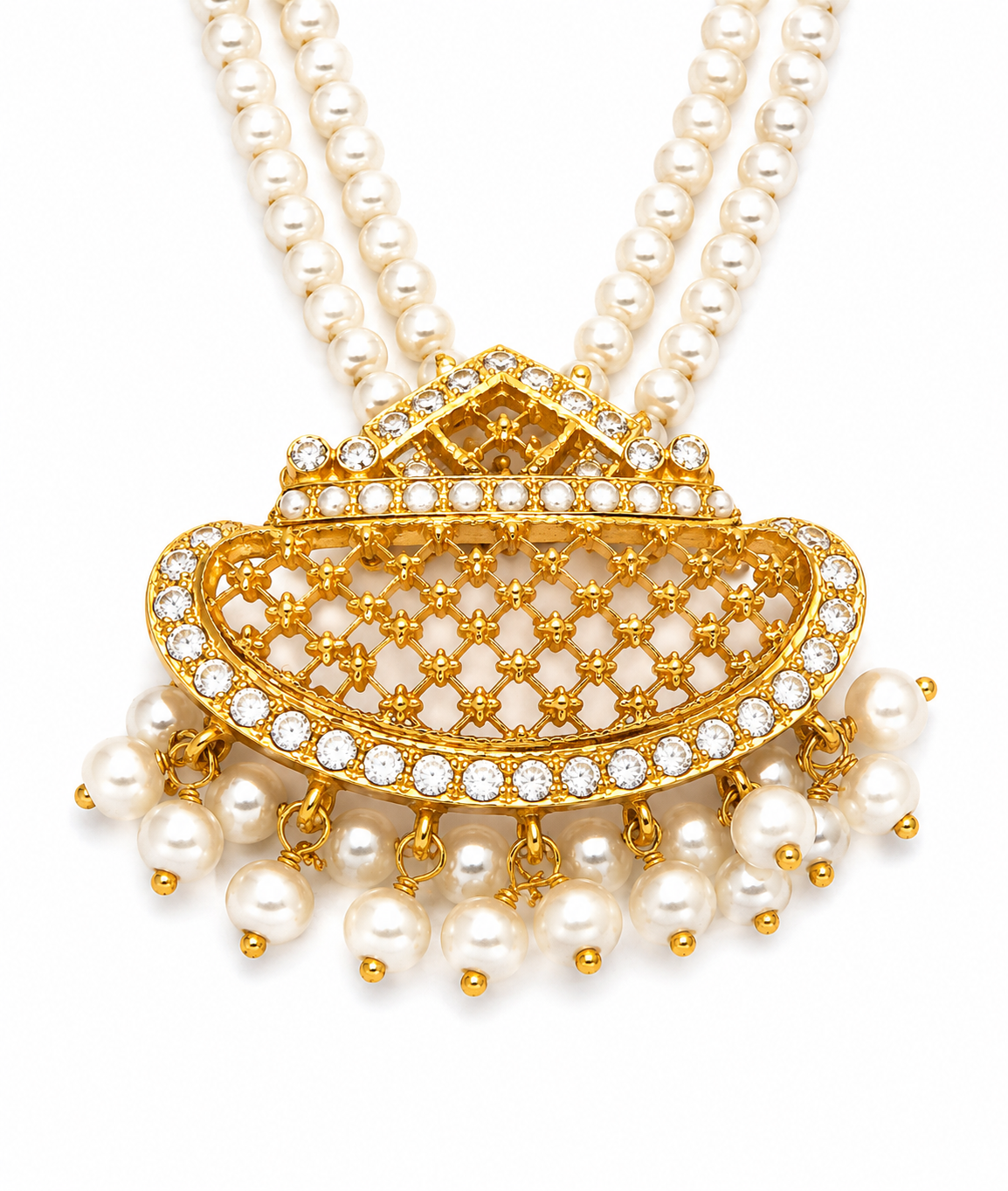 22KT Yellow Gold Filigree Pearl Tassel Cubic Zirconium Earrings and Necklace Set
