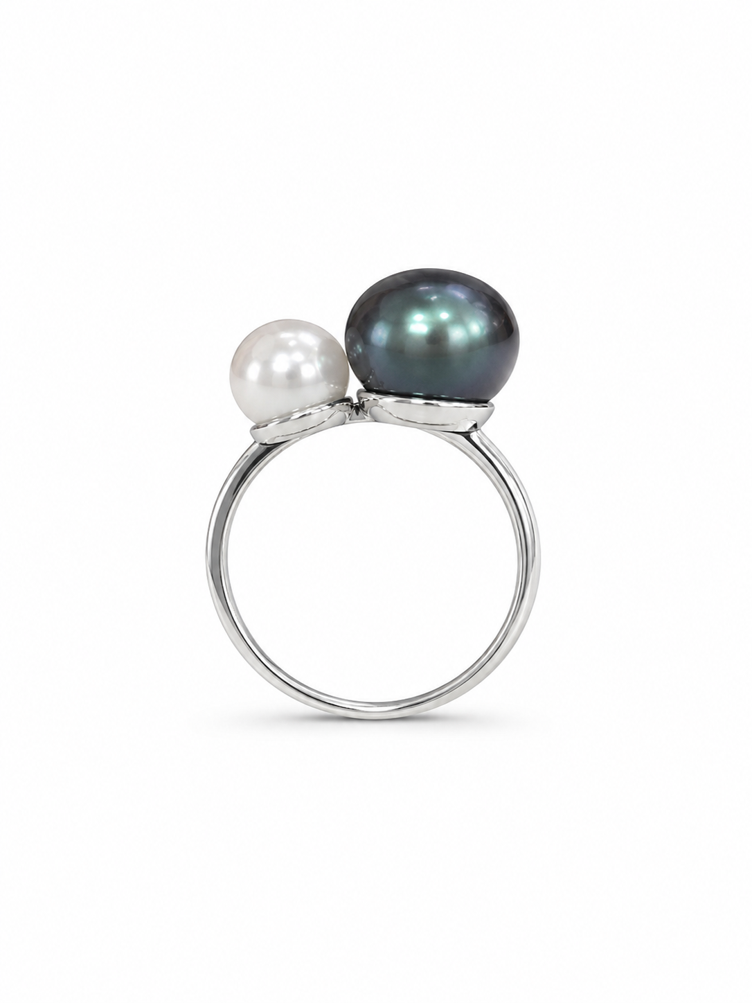 925 Sterling Silver 7MM White And 10MM Gray Tahitian Pearl Ring [K2H]
