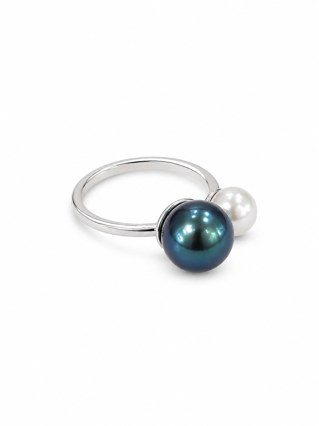 925 Sterling Silver 7MM White And 10MM Gray Tahitian Pearl Ring [K2H]