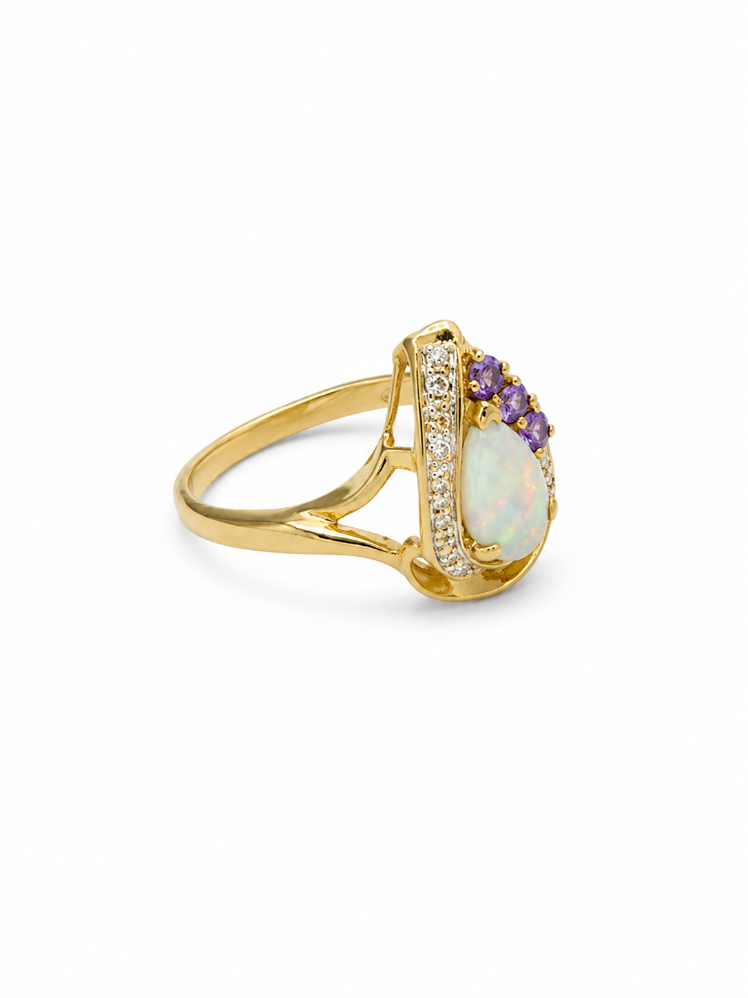 10KT Yellow Gold 0.05 CTW 0.45 STW Opal Diamond Ring [K7H]