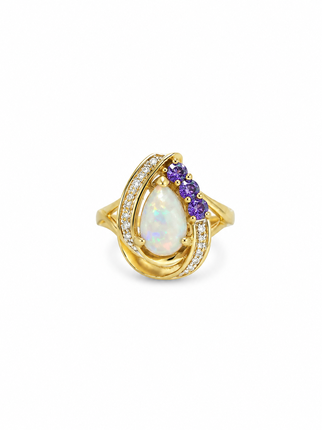 10KT Yellow Gold 0.05 CTW 0.45 STW Opal Diamond Ring [K7H]