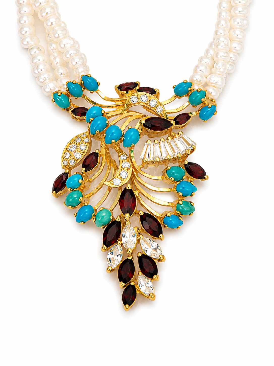 22KT Yellow Gold Three Strand Pearl Gemstone Cubic Zirconium Necklace and Earrings Set