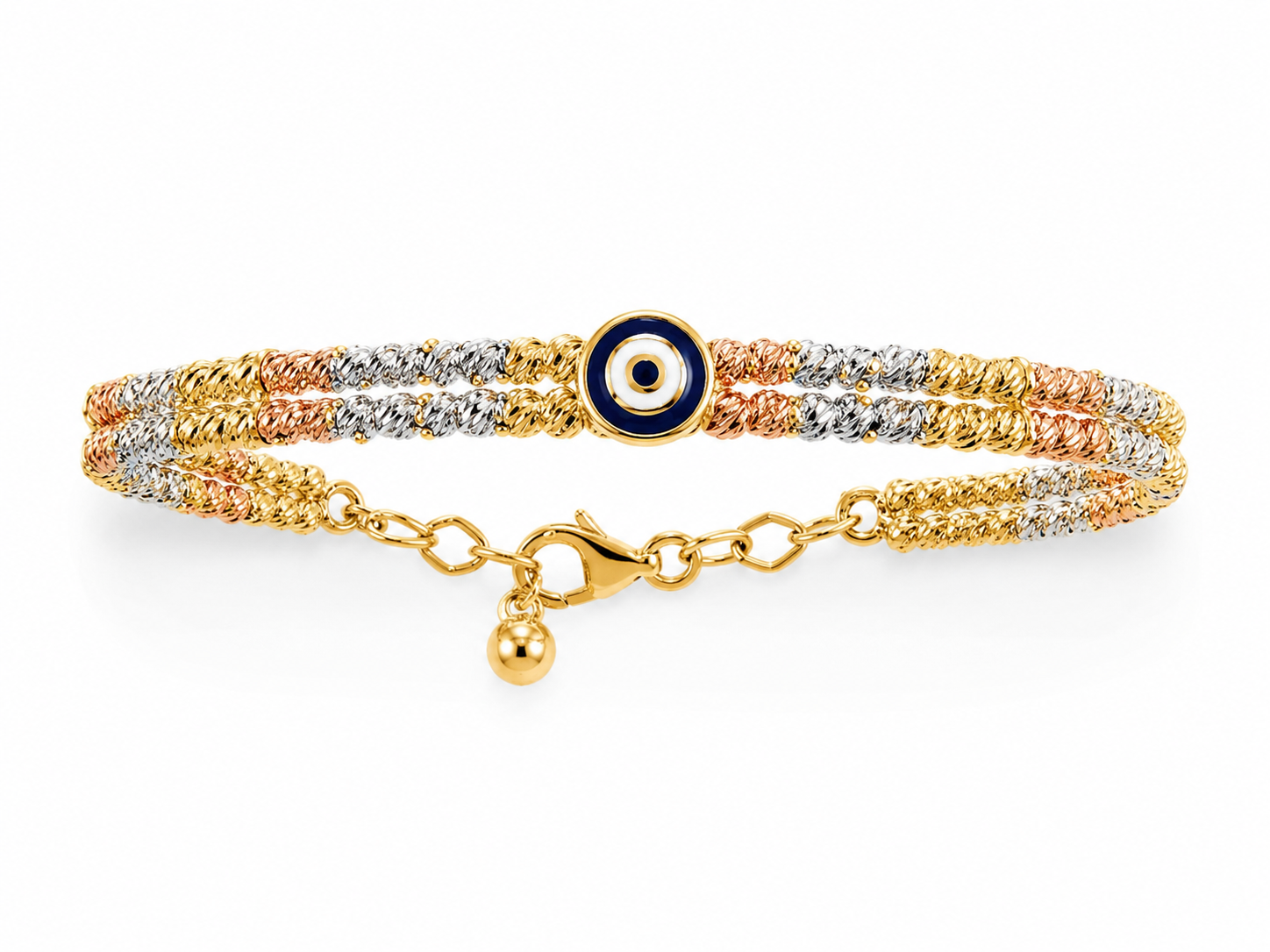 14KT Tri Tone Gold Layered 4 MM Adjustable Lobster Claw Lock Bangle Bracelet