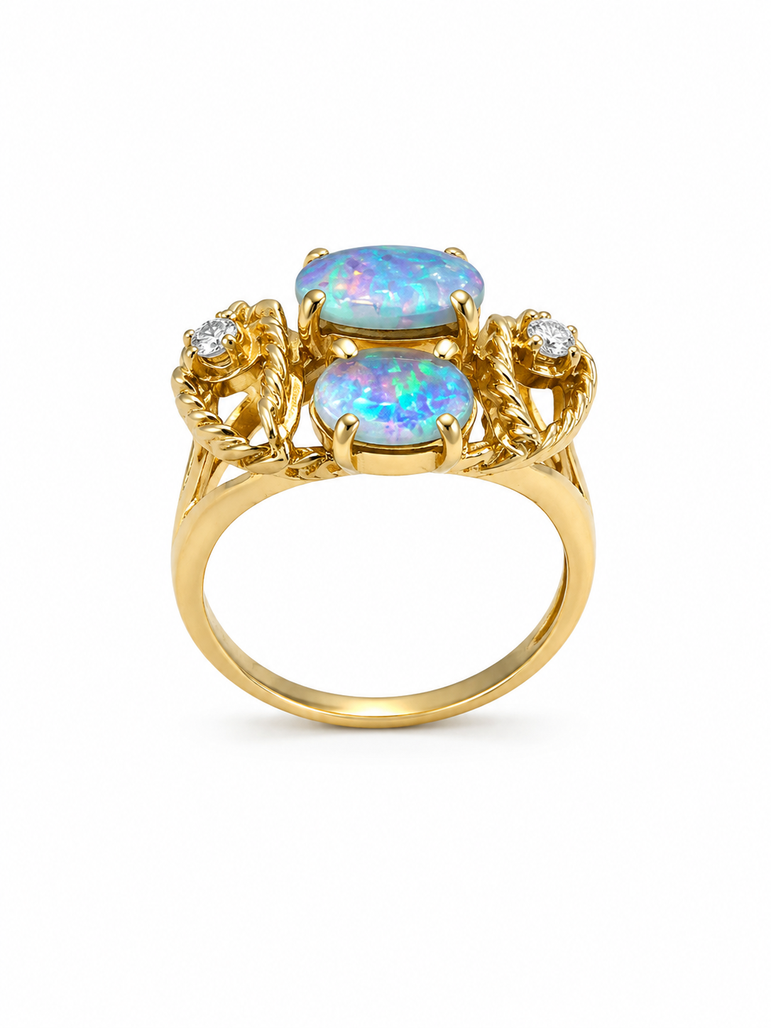 14KT Yellow Gold 0.05CTW 1.5 STW Blue Opal Diamond Ring [K14H50]