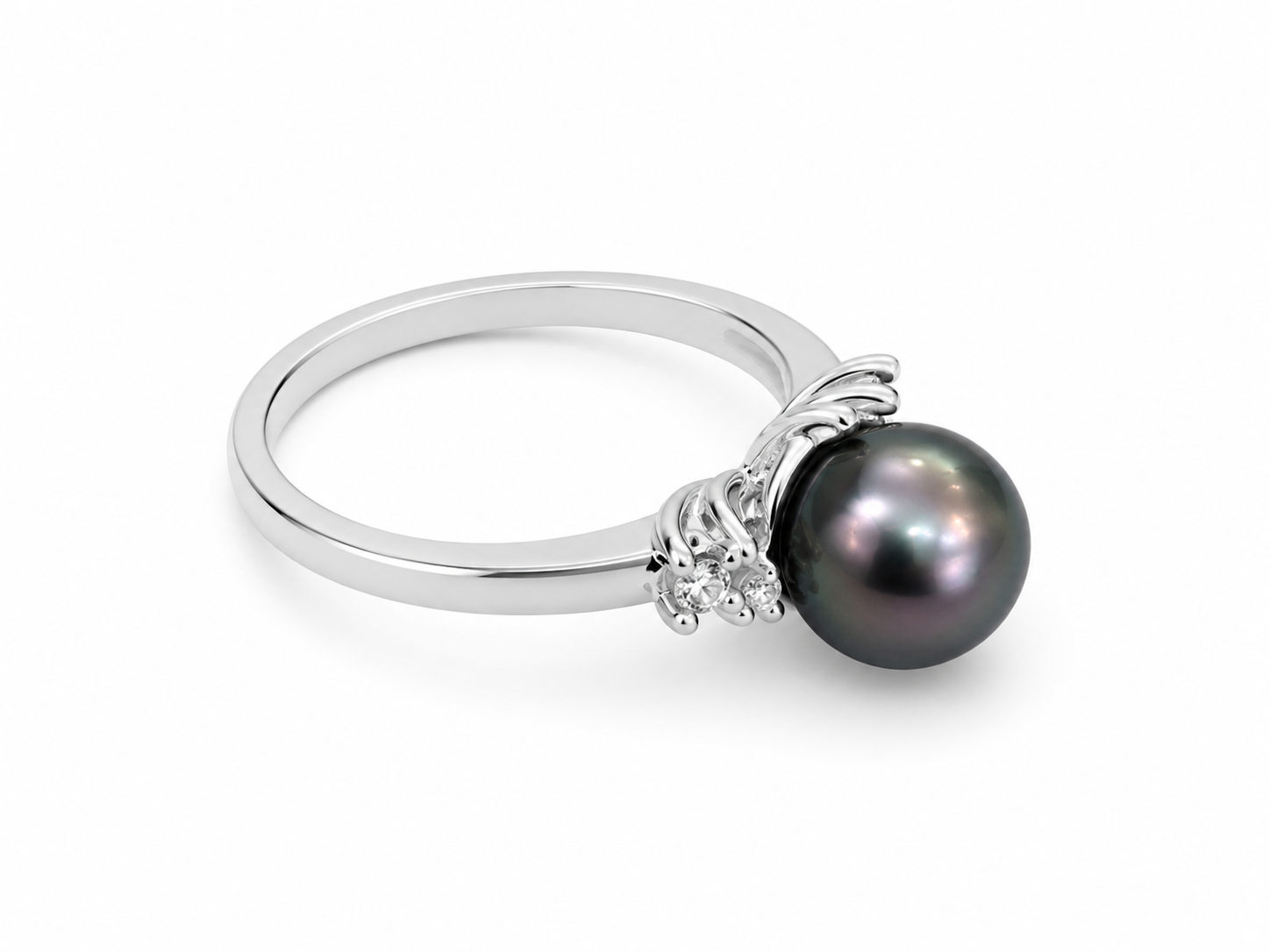 14KT White Gold 0.03 CTW 8MM Gray Cultured Pearl Diamond Ring [K11H50]