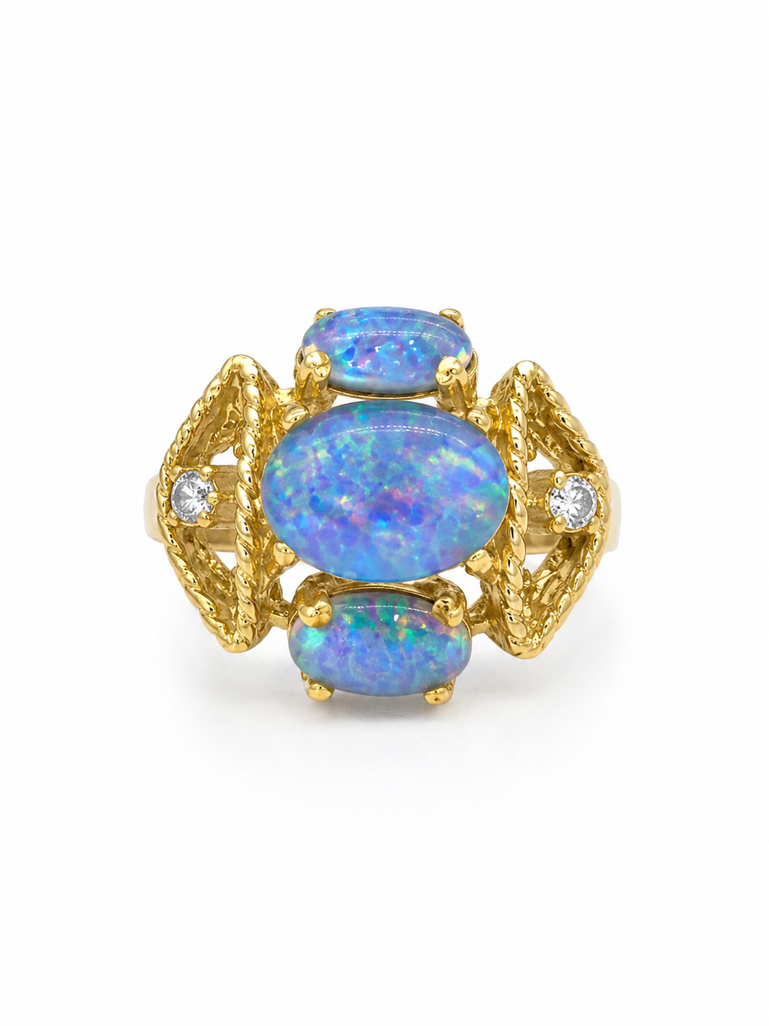 14KT Yellow Gold 0.05CTW 1.5 STW Blue Opal Diamond Ring [K14H50]