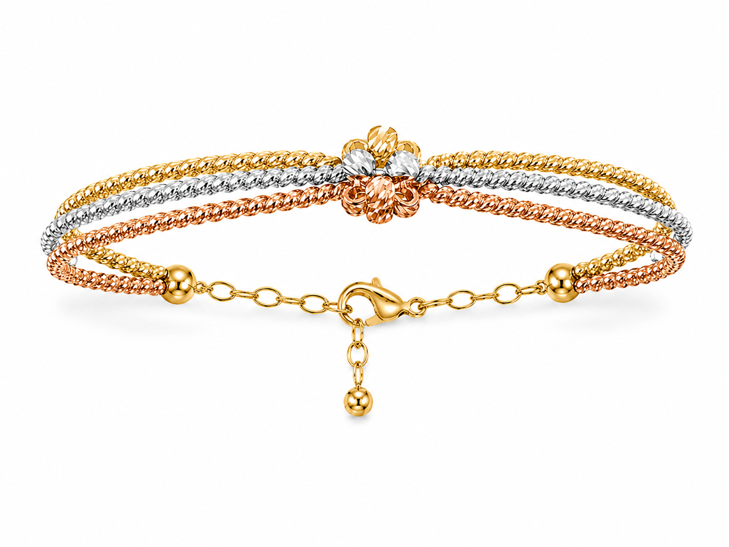 14KT Tri Tone Gold Flower Layered 7.5 MM Lobster Claw Lock Bangle Bracelet