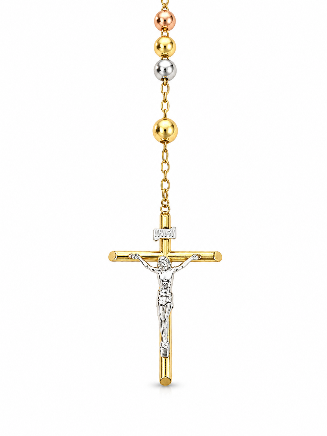 14KT Tri Tone Gold 8 MM Rosary Style Necklace
