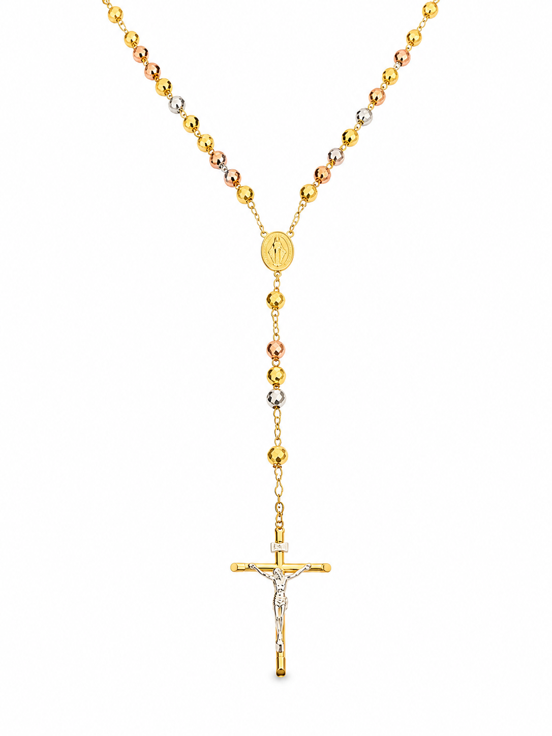 14KT Tri Tone Gold 8 MM Rosary Style Necklace