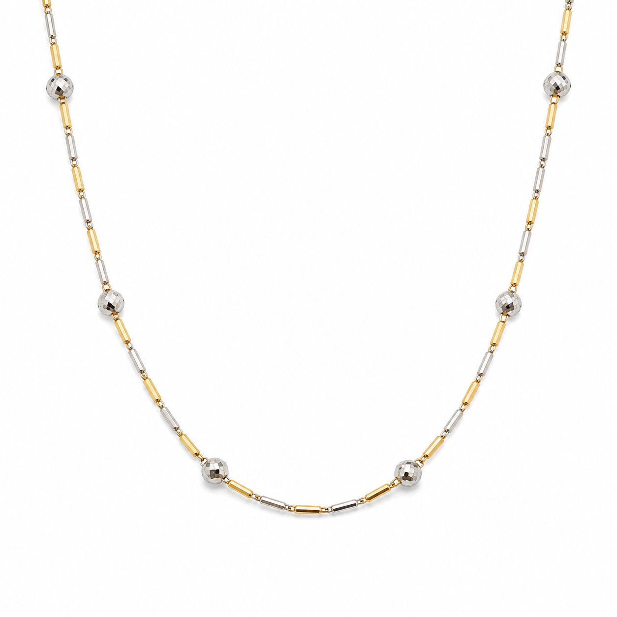 22KT Two Tone Bar and Ball Link Necklace