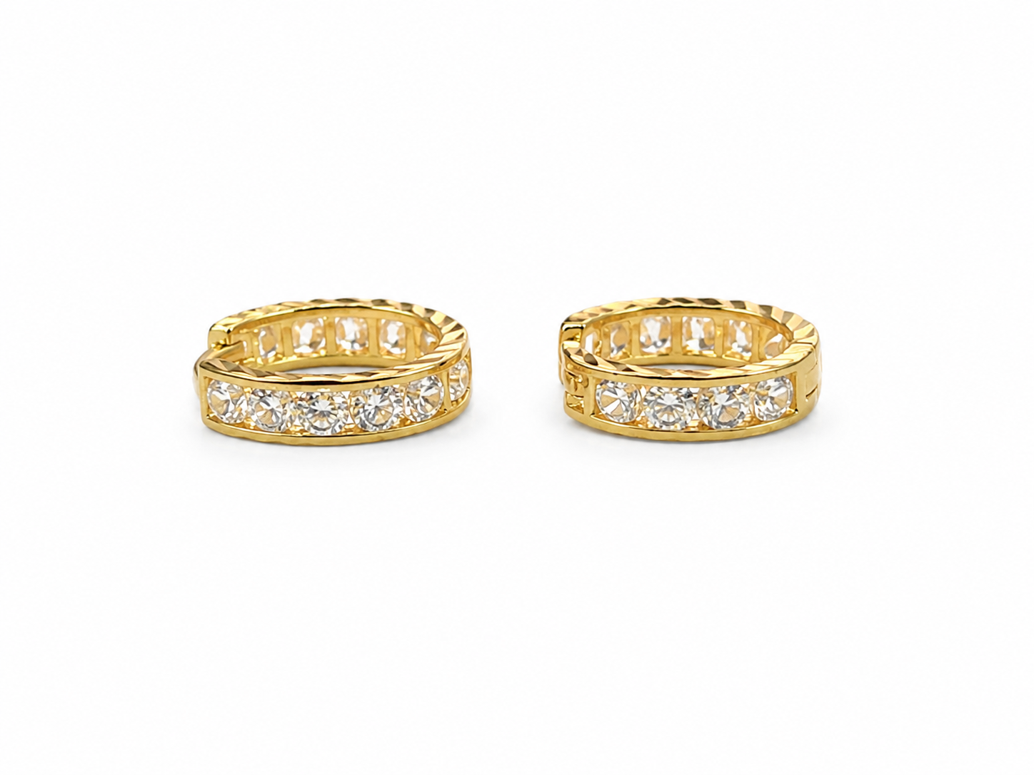 10KT Yellow Gold Textured Hoop Edge Cubic Zirconium Earrings