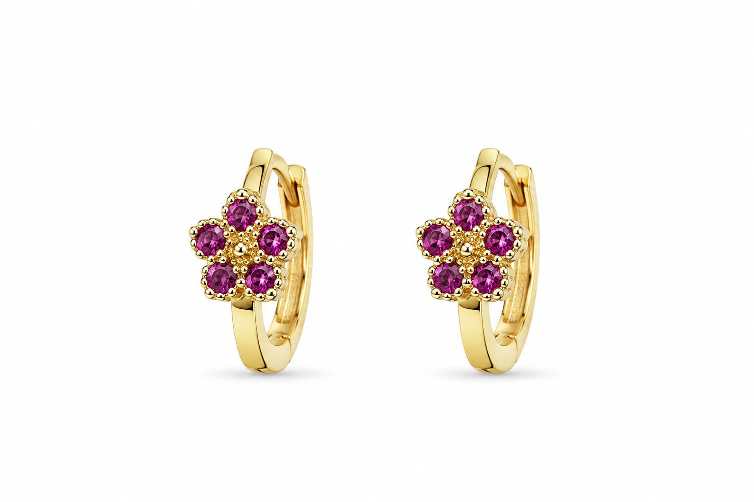 14KT Yellow Gold Huggie Hoop Flower Cubic Zirconium Earrings