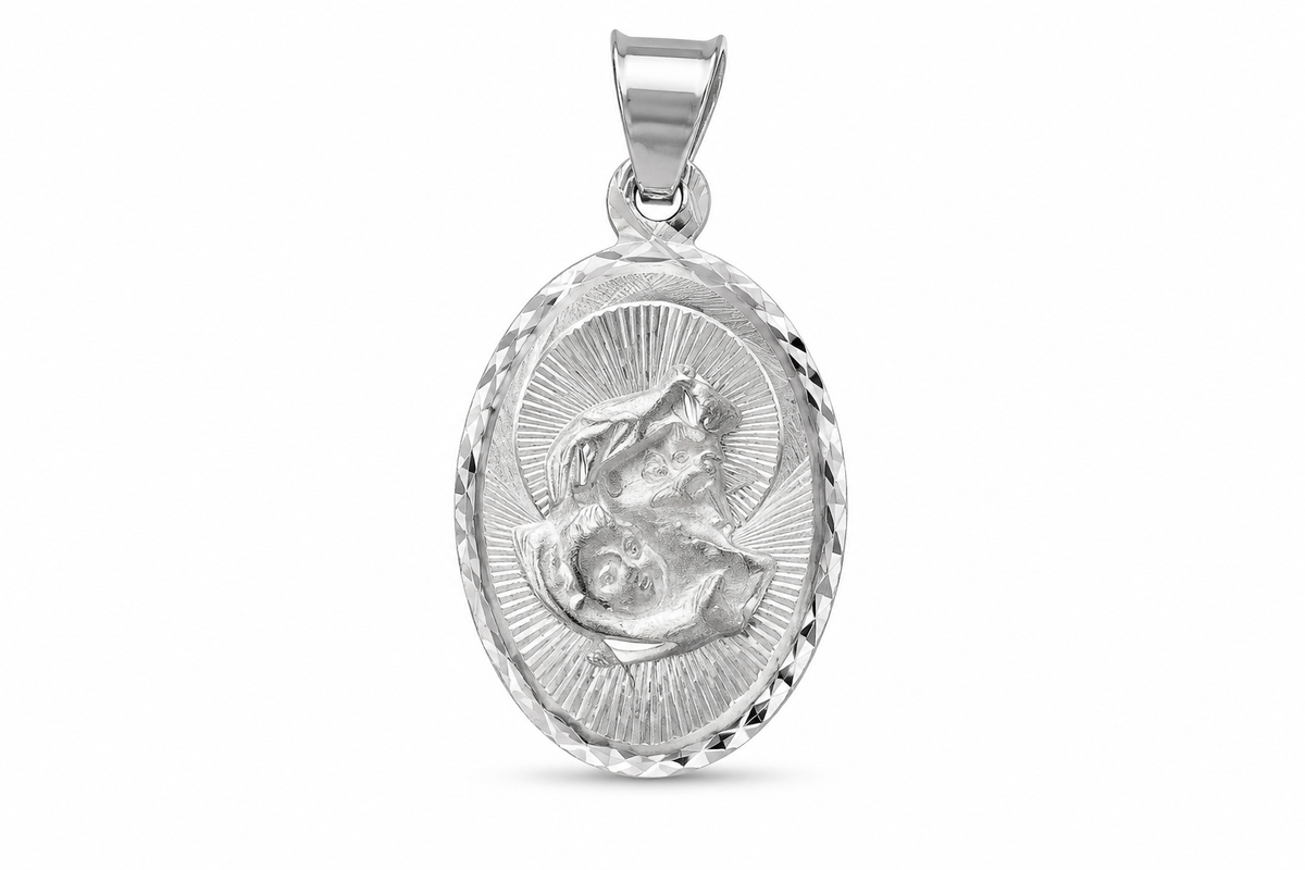 14KT White Gold Baby Jesus Diamond Cut Border Oval Pendant [A1B2]