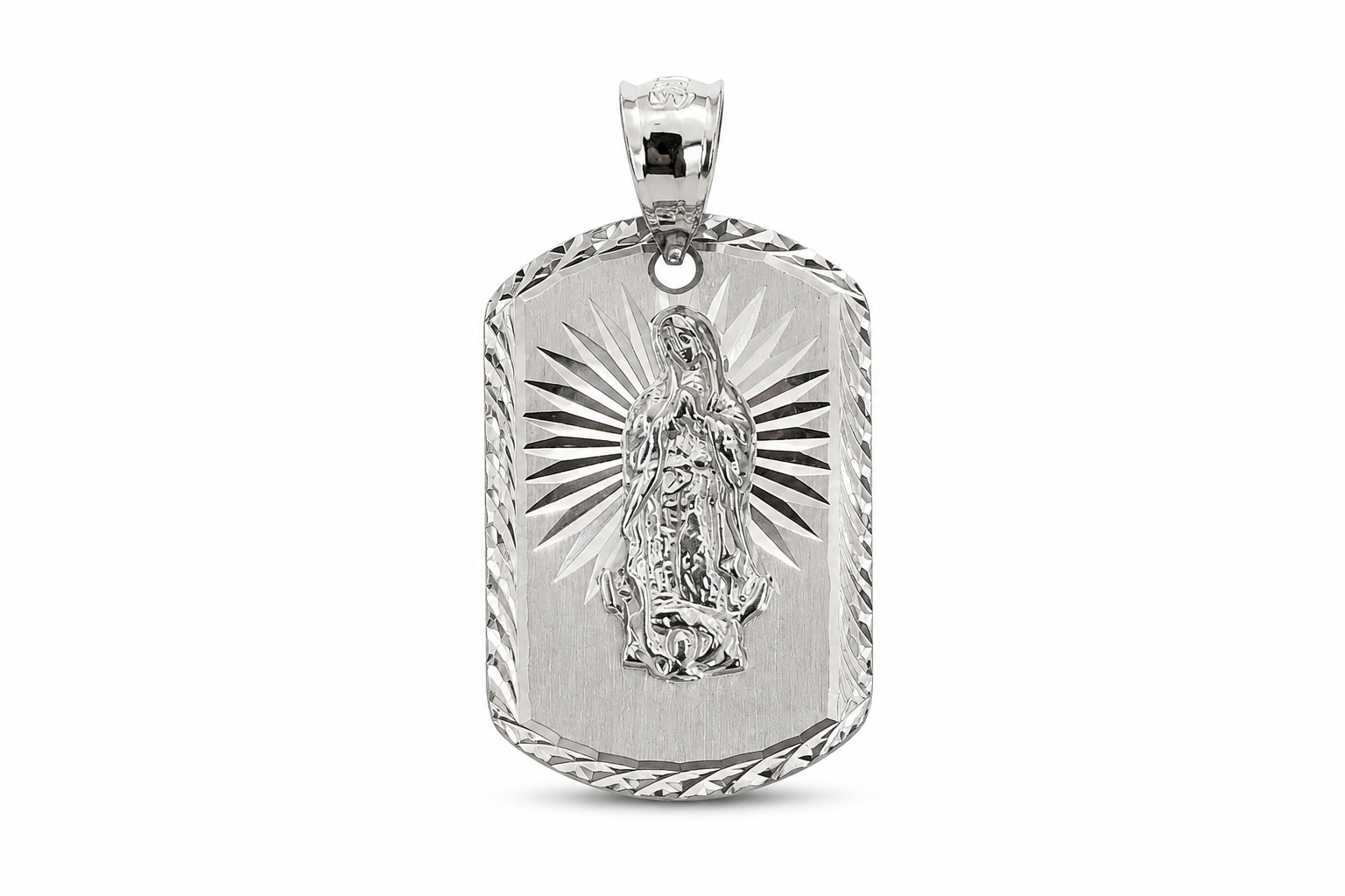 14KT White Gold Rectangular Diamond Cut Border Virgin Mary Pendant [A3B3]