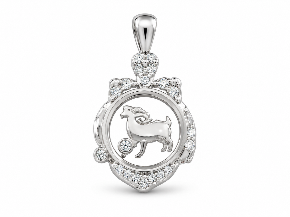 18KT White Gold Rotating Motif Cubic Zirconium Capricorn Pendant [A2B0]