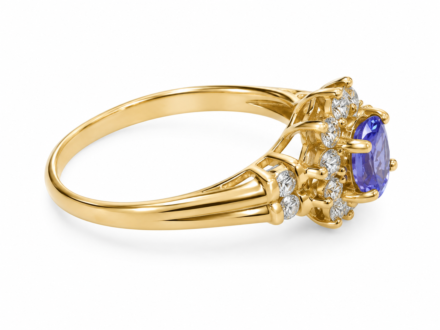 14KT Yellow Gold 0.40 CTW 0.50 STW Tanzanite Diamond Ring [K15H]