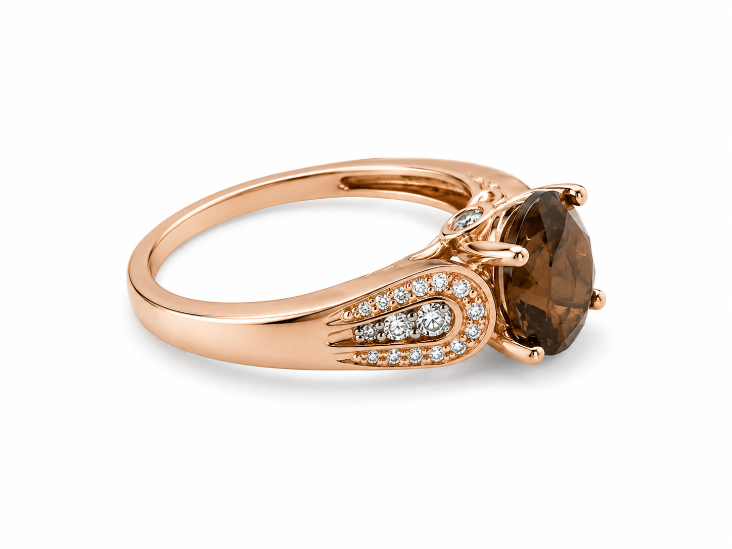 14KT Rose Gold 0.25 CTW 1.30 STW Smokey Quartz Diamond Ring [K15H]